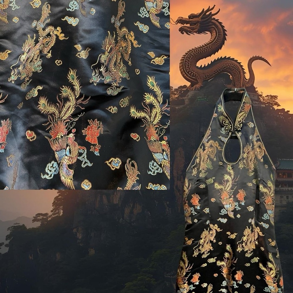 Black Satin Dragon Print Halter Dress